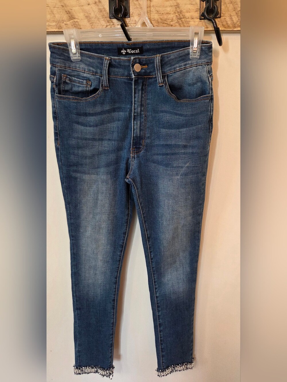 Vocal Womens Skinny Jeans Size Medium Blue Denim Beaded Cuff Medium Wash